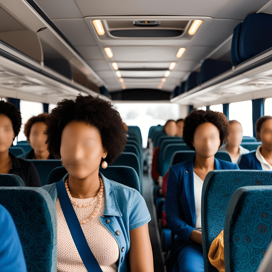 an image of passengers on a bus with their faces blurred.